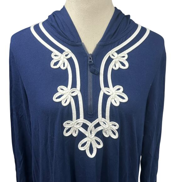 Coastal chic hoodie tunic dress Lands’ End‎ navy cotton embroidered size M - Picture 3 of 9